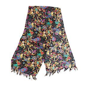 Edgemont Vintage 100% Silk Scarf With Colorful Carnival Masks & Cats Design Frin